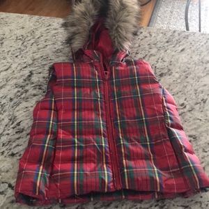 Lands end Kids red plaid puffer vest faux fur